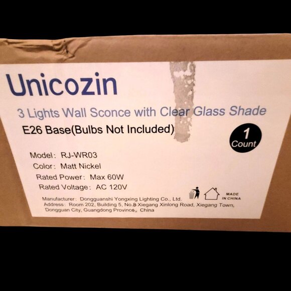 Unicozin 3-Light Brushed Nickel Wall Sconce Clear Glass E26 Model RJ-WR03 NEW - Picture 10 of 10